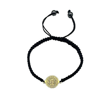 Saint Benedict Alloy Link Bracelets, Adjustable Polyester Cord Braided Bracelets for Women, Golden, no size