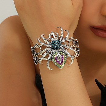 Halloween Tibetan Style Alloy Rhinestone Bangles, Spider, Antique Silver, Inner Diameter: 2-1/4 inch(5.85cm)