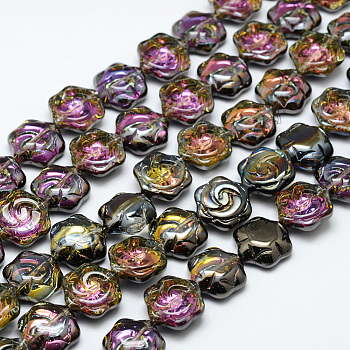 Electroplate Glass Beads Strands, Half Plated, Flower, Hematite Plated, 15.5x14.5x6mm, Hole: 1.5mm, about 43pcs/strand, 24.8 inch