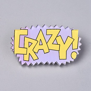 Acrylic Badges Brooch Pins, Cute Lapel Pin, for Clothing Bags Jackets Accessory DIY Crafts, Word Crazy, Yellow, 29.5x49.5x8.5mm, Pin: 0.8mm