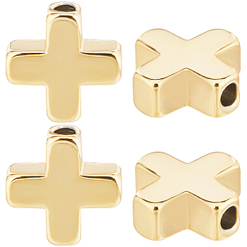 60Pcs Brass Beads, Cross, Real 18K Gold Plated, 8x8x3mm, Hole: 1.4mm