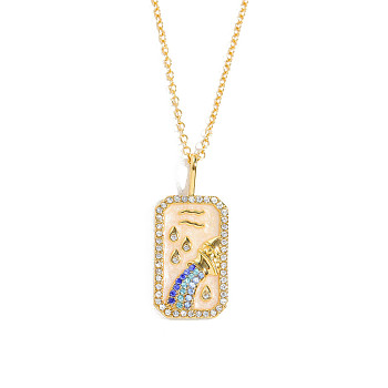 Brass Micro Pave Cubic Zirconia Rectangle with Constellation Pendant Necklaces, with Enamel, Cable Chain Necklace for Women, Aquarius, 15-3/4 inch(40cm)