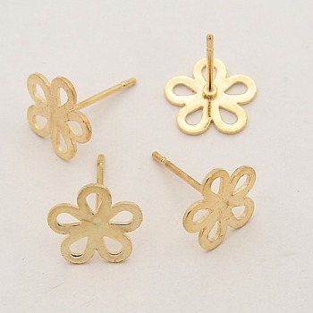 Earring Settings Iron Ear studs, Flower, Golden, Tray: 10mm, Pin: 0.6mm