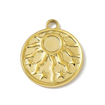 304 Stainless Steel Pendant Cabochon Settings, Flat Round with Sun, Golden, Tray: 5mm, 21x18x2mm, Hole: 2.3mm