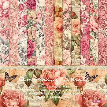 Flower Pattern Scrapbook Paper, for DIY Album Scrapbook, Background Paper, Diary Decoration, Pink, 152x152mm, 12 style, 2pcs/style, 24pcs/set