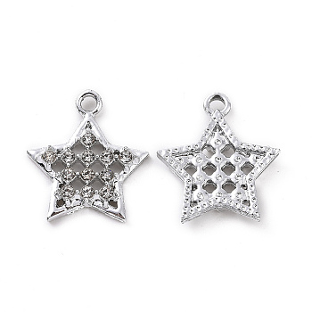 Alloy Crystal Rhinestone Pendants, Star Charms, Platinum, 17x15x2.5mm, Hole: 1.6mm