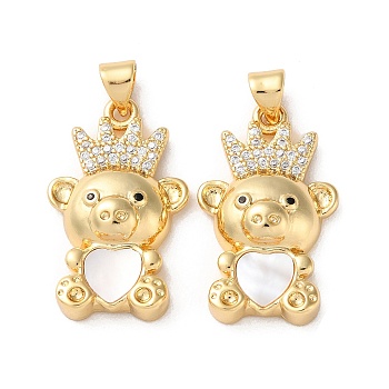 Brass Micro Pave Clear Cubic Zirconia Pendants, with Shell, Real 18K Gold Plated, Bear, 25.5x18x5.5mm, Hole: 5x3.6mm