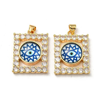Real 18K Gold Plated Brass Pendants, with Glass and Acrylic, Rectangle with Evil Eye Charms, Cornflower Blue, 27x20x7mm, Hole: 4.5x4mm