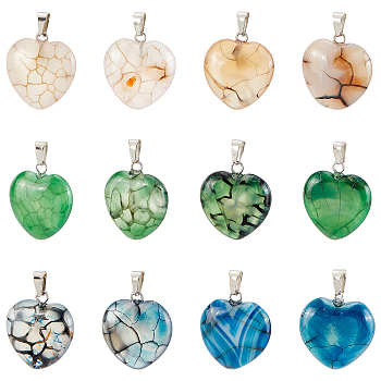 12Pcs 3 Colors Natural Dragon Veins Agate Pendants, with Stainless Steel Color Tone Stainless Steel Findingls, Heart, Mixed Color, 22~23x19~20x5~6mm, Hole: 3x5mm, 4pcs/color