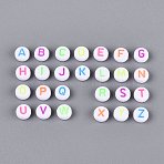 Opaque Acrylic Enamel Beads, Fluorescent Beads, Flat Round with Letter, Mixed Color, 6.5~7x3.5~4mm, Hole: 1.5~1.6mm, about 3846pcs/500g(SACR-Q001-06)