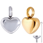 2Pcs 2 Colors Heart Stainless Steel Urn Ashes Pendants, with 304 Stainless Steel Mini Funnel, Golden & Stainless Steel Color, 16.5x12x6mm, Hole: 5mm(STAS-CN0001-73)