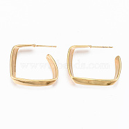 Brass Half Hoop Earrings, Stud Earring, Nickel Free, Rectangle, Real 18K Gold Plated, 26~29x24~26mm, Pin: 0.7mm(KK-R117-020-NF)