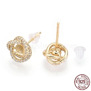925 Sterling Silver Micro Pave Cubic Zirconia Stud Earring Findings, for Half Drilled Beads, Flower, Nickel Free, with S925 Stamp, Real 18K Gold Plated, 9mm, Pin: 0.8mm(for Half Drilled Beads), Pin: 0.8mm(STER-T004-47G)