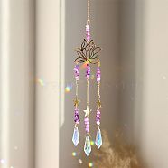 K9 Glass Cone Pendant Decoration, Hanging Suncatchers, with Natural Amethyst Chips and Metal Lotus Link, for Home Decoration, Golden, 490mm(PW-WG94258-02)