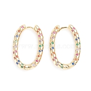 Brass Micro Pave Cubic Zirconia Huggie Hoop Earrings, Long-Lasting Plated, Oval, Colorful, 9 Gauge, 25.5x17.8x3mm, Pin: 1mm(EJEW-G274-10G)