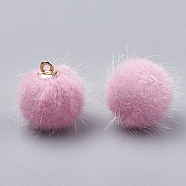 Faux Mink Fur Covered Pendants, with Brass Findings, Round, Golden, Pearl Pink, 14x12mm, Hole: 1mm(X-WOVE-S115-02E)