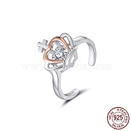 Rhodium Plated 925 Sterling Silver Cuff Rings, Cubic Zirconia Cross Crown Ring for Women, Rose Gold & Real Platinum Plated, 2mm, Inner Diameter: 17.3mm(RJEW-C064-45C-P)