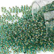 TOHO Round Seed Beads, Japanese Seed Beads, (755) 24K Gold Lined Light Aqua, 11/0, 2.2mm, Hole: 0.8mm, about 50000pcs/pound(SEED-TR11-0755)