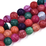 Natural Crackle Agate Beads Strands, Frosted, Dyed & Heated, Round, Colorful, 8mm, Hole: 1mm, about 47~48pcs/strand, 14.96~14.57 inch(37~38cm)(G-S373-002F-8mm)