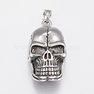 304 Stainless Steel Pendants, Skull Head, Antique Silver, 35.5x20x13.5mm, Hole: 6mm(STAS-H435-101)