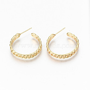 Brass Half Hoop Earrings, Stud Earring, Nickel Free, Curb Chain Shape, Real 18K Gold Plated, 27x26x5mm, Pin: 0.7mm(KK-R117-054G-NF)