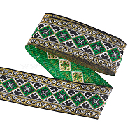 Ethnic Style Embroidery Polyester Ribbons, Jacquard Ribbon, Garment Accessories, Rhombus Pattern, Green, 2 inch(50mm), about 7.66 Yards(7m)/Bundle(OCOR-WH0060-56A)