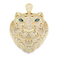 Brass Micro Pave Clear Cubic Zirconia Pendants, Tiger, Real 18K Gold Plated, 45.5x39x12.5mm, Hole: 3x6mm(KK-G431-27G)