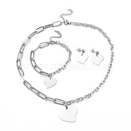 304 Stainless Steel Paperclip Chains & Cable Chain Jewelry Sets, Dangle Earrings & Pendant Necklaces & Charm Bracelets, Heart, Stainless Steel Color, 18-3/4 inch(47.7cm), 8 inch(20.3cm), 26mm, Pin: 0.6mm(SJEW-K153-14P)
