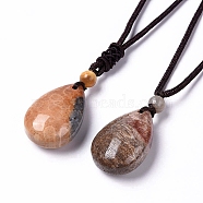Dyed Natural Fossil Coral Teardrop Pendant Necklace with Nylon Cord for Women, Mixed Color, 27.56~27.95 inch(70~71cm) (NJEW-C002-04)