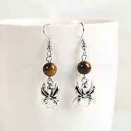 Natural Tiger Eye Dangle Earrings, Alloy Halloween Spider Jewelry for Women, 46x8mm(PW-WG32580-07)