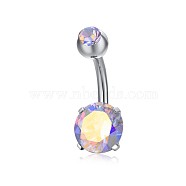 Piercing Jewelry, Brass Cubic Zirconia Navel Ring, Belly Rings, with 304 Stainless Steel Bar, Lead Free & Cadmium Free, Flat Round, Platinum, Colorful, 21x8mm, Bar: 15 Gauge(1.5mm), Bar Length: 3/8"(10mm)(AJEW-EE0006-24A)