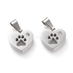 304 Stainless Steel Charms, with Rhinestone, Manual Polishing, Heart with Hollow Dog Footprint, Stainless Steel Color, 13.5x14x3.5~4mm, Hole: 3x7mm(STAS-F253-19P)