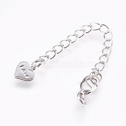 Brass Chain Extender, with Lobster Claw Clasps, Cadmium Free & Nickel Free & Lead Free, Long-Lasting Plated, Heart with Word Love, For Valentine's Day, Platinum, 75x3mm, Hole: 2.5mm, Clasps: 10x6x3mm(KK-I633-71P-NR)