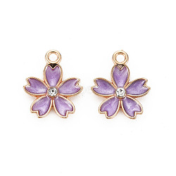 Alloy Enamel Pendants, with Crystal Rhinestone, Sakura Flower, Light Gold, Dark Orchid, 17x14x3mm, Hole: 1.8mm(X-ENAM-S121-052E)