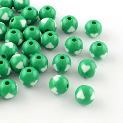 Heart Pattern Opaque Acrylic Beads, Round, Medium Sea Green, 11~12x11mm, Hole: 3mm, about 209pcs/190g(SACR-R884-12mm-09)