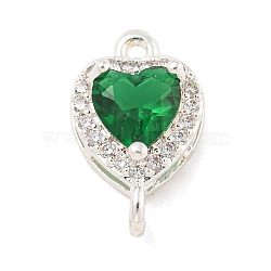 Brass Pave Cubic Zirconia Connector Charms, Heart Links, Silver Color Plated, Green, 15x9x6mm, Hole: 1.2mm(KK-Z072-06S-04)