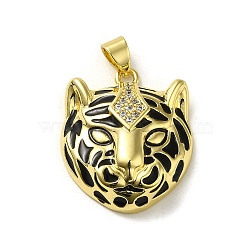 Rack Plating Brass Micro Pave Cubic Zirconia Pendants, with Enamel, Long-Lasting Plated, Cadmium Free & Lead Free, Tiger, Real 18K Gold Plated, 24.5x20.5x7.5mm, Hole: 5x3mm(KK-A210-02B-G)