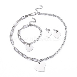 304 Stainless Steel Paperclip Chains & Cable Chain Jewelry Sets, Dangle Earrings & Pendant Necklaces & Charm Bracelets, Heart, Stainless Steel Color, 18-3/4 inches(47.7cm); 8 inches(20.3cm); 26mm, Pin: 0.6mm(SJEW-K153-14P)
