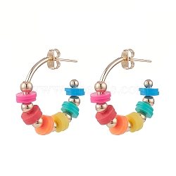 Polymer Clay Beaded C-shape Stud Earrings, Brass Half Hoop Earrings for Women, Colorful, 24.5x24.5x6mm, Pin: 0.6mm(EJEW-TA00073)