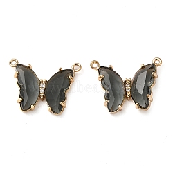 Brass Pave Faceted Glass Connector Charms, Golden Tone Butterfly Links, Gray, 17.5x23x5mm, Hole: 0.9mm(FIND-Z020-03F)