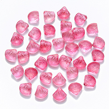 Transparent Spray Painted Glass Beads, Top Drilled Beads, with Glitter Powder, Scallop Shape, Hot Pink, 10x10.5x6mm, Hole: 1mm