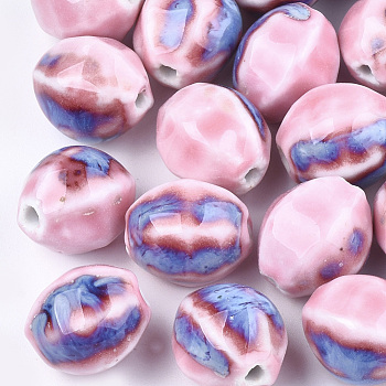 Handmade Porcelain Beads, Fancy Antique Glazed Porcelain, Oval, Pink, 15.5~16x14.5~15x13~13.5mm, Hole: 2mm
