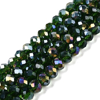 Electroplate Glass Beads Strands, AB Color Plated, Faceted, Rondelle, Dark Green, 6x5mm, Hole: 1mm, about 84~85pcs/strand, 16.34~16.54 inch(41.5~42cm)