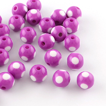 Dot Pattern Opaque Acrylic Beads, Round, Medium Orchid, 11~12x11mm, Hole: 3mm, about 550pcs/500g