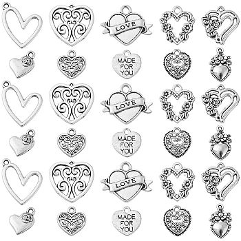 100Pcs 10 Styles Tibetan Style Alloy Pendants, Heart with Flower & Word, Antique Silver, 14~22x11~22x1~3mm, Hole: 1~2.5mm, 10pcs/style