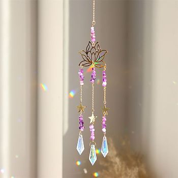 K9 Glass Cone Pendant Decoration, Hanging Suncatchers, with Natural Amethyst Chips and Metal Lotus Link, for Home Decoration, Golden, 490mm