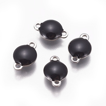 304 Stainless Steel Enamel Links connectors, Enamelled Sequins, Flat Round, Stainless Steel Color, Black, 12x8x4mm, Hole: 1.4mm