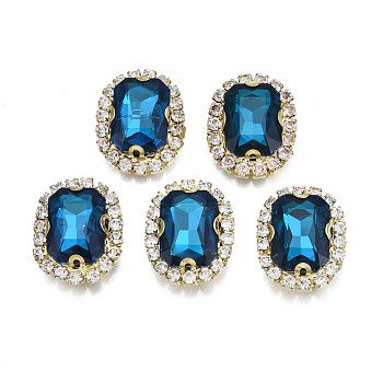 Sew on Rhinestone, Transparent Glass Rhinestone, with Brass Prong Settings, Faceted, Rectangle, Marine Blue, 19.5x15.5x6.5mm, Hole: 1mm