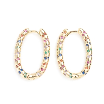 Brass Micro Pave Cubic Zirconia Huggie Hoop Earrings, Long-Lasting Plated, Oval, Colorful, 9 Gauge, 25.5x17.8x3mm, Pin: 1mm