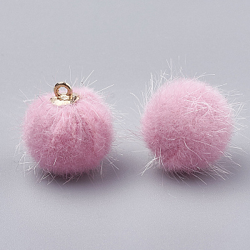 Faux Mink Fur Covered Pendants, with Brass Findings, Round, Golden, Pearl Pink, 14x12mm, Hole: 1mm